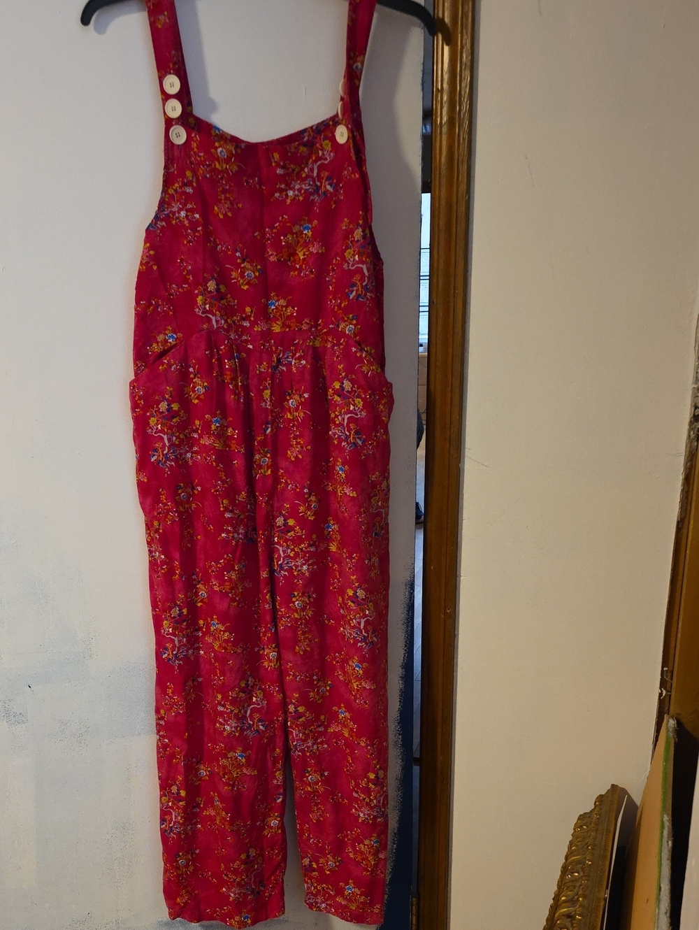 Bright Pink Floral Button-Shoulder Jumpsuit